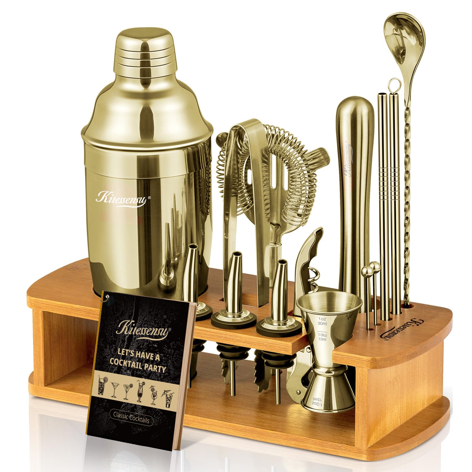 KITESSENSU Cocktail Shaker Set Bartender Kit with Stand | Bar Set Drink Mixer Set with All Essential Accessory Tools: Martini Shaker, Jigger, Strainer, Mixer Spoon, Muddler, Liquor Pourers |Silver