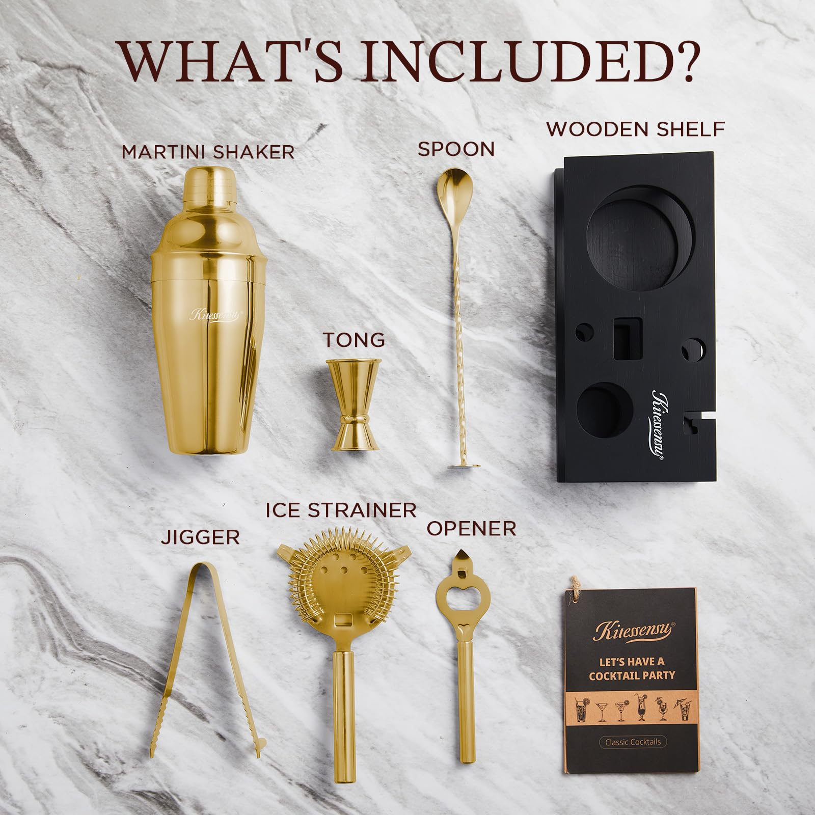 KITESSENSU Cocktail Shaker Set Bartender Kit with Stand | Bar Set Drink Mixer Set with All Essential Accessory Tools: Martini Shaker, Jigger, Strainer, Mixer Spoon, Muddler, Liquor Pourers |Silver