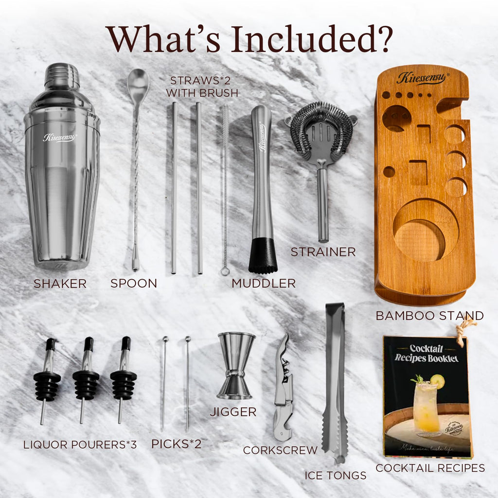 KITESSENSU Cocktail Shaker Set Bartender Kit with Stand | Bar Set Drink Mixer Set with All Essential Accessory Tools: Martini Shaker, Jigger, Strainer, Mixer Spoon, Muddler, Liquor Pourers |Silver