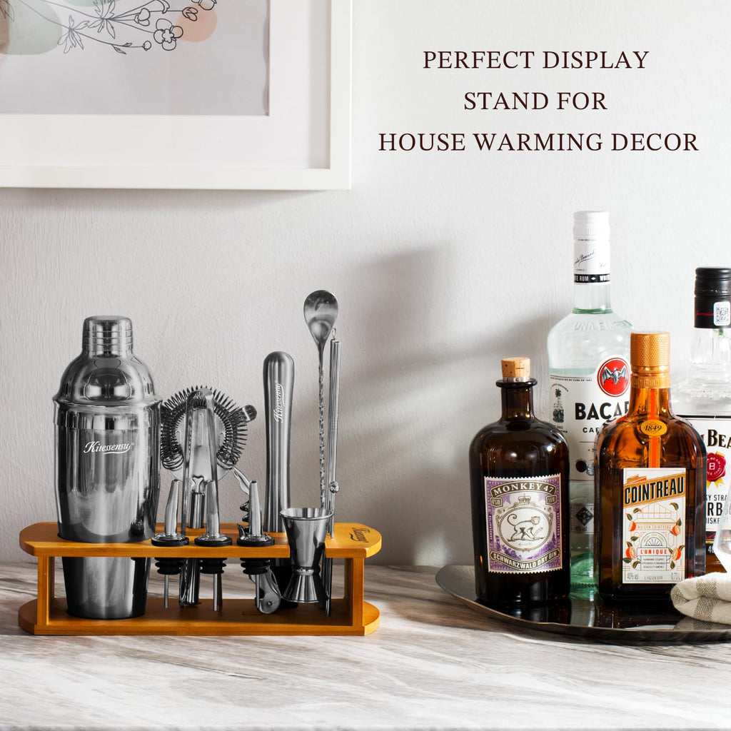 KITESSENSU Cocktail Shaker Set Bartender Kit with Stand | Bar Set Drink Mixer Set with All Essential Accessory Tools: Martini Shaker, Jigger, Strainer, Mixer Spoon, Muddler, Liquor Pourers |Silver