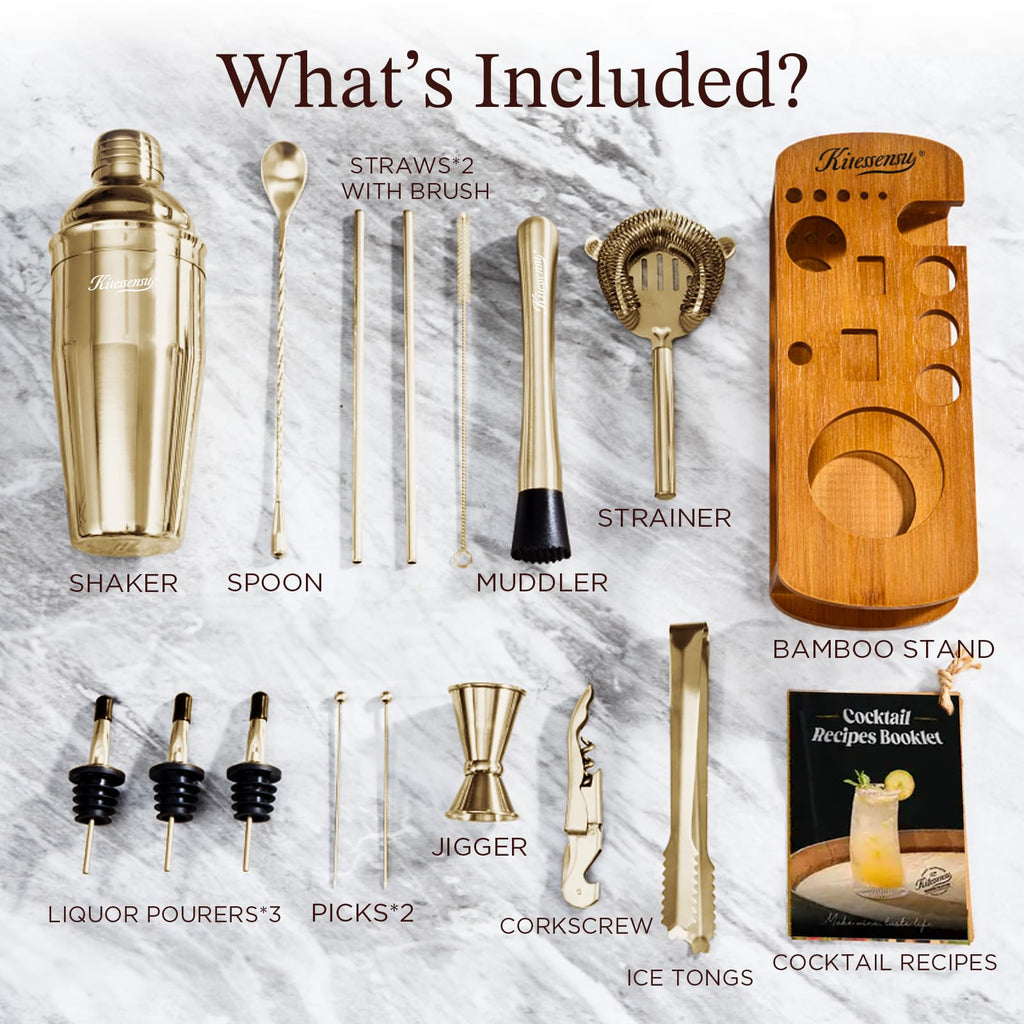 KITESSENSU Cocktail Shaker Set Bartender Kit with Stand | Bar Set Drink Mixer Set with All Essential Accessory Tools: Martini Shaker, Jigger, Strainer, Mixer Spoon, Muddler, Liquor Pourers |Silver