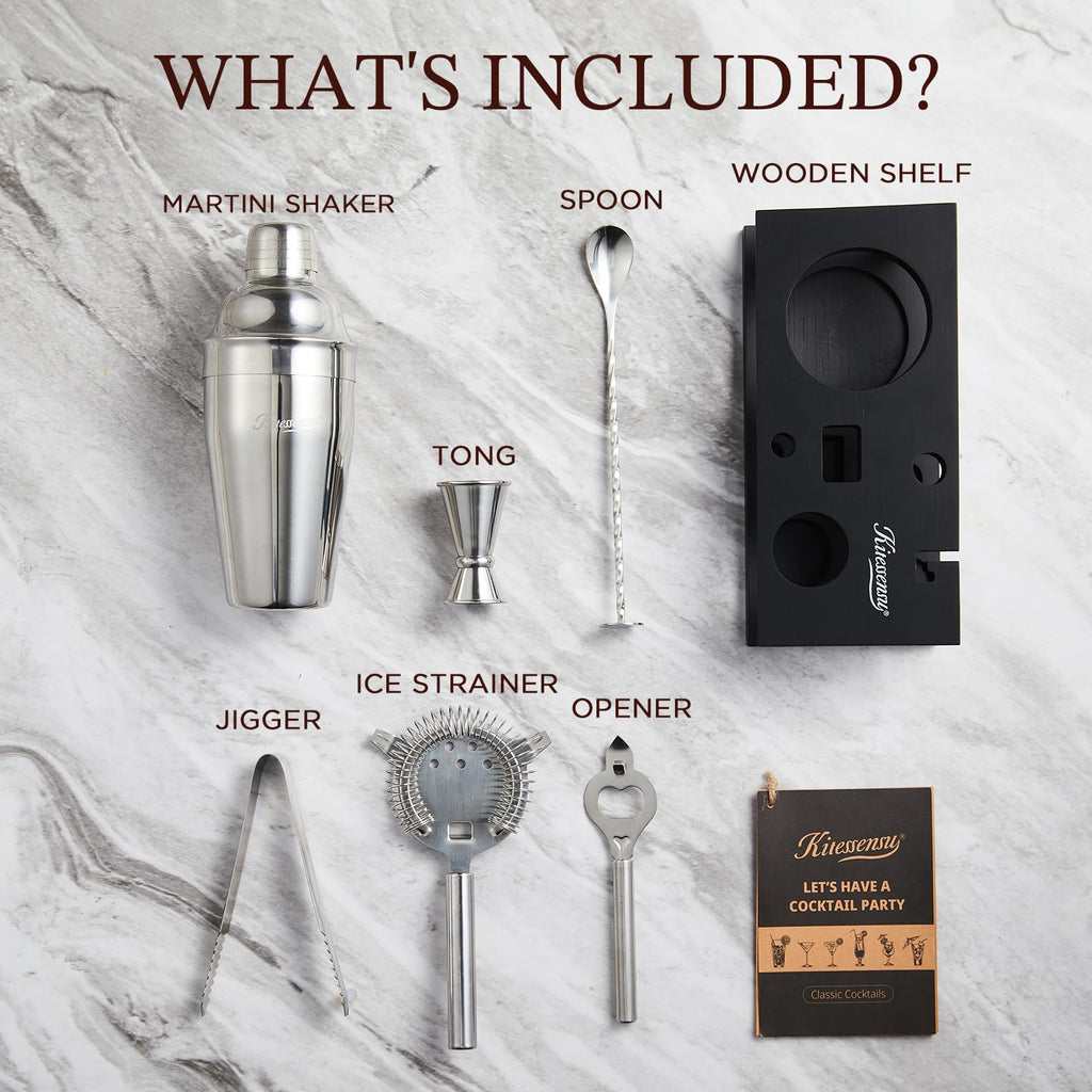 KITESSENSU Cocktail Shaker Set Bartender Kit with Stand | Bar Set Drink Mixer Set with All Essential Accessory Tools: Martini Shaker, Jigger, Strainer, Mixer Spoon, Muddler, Liquor Pourers |Silver