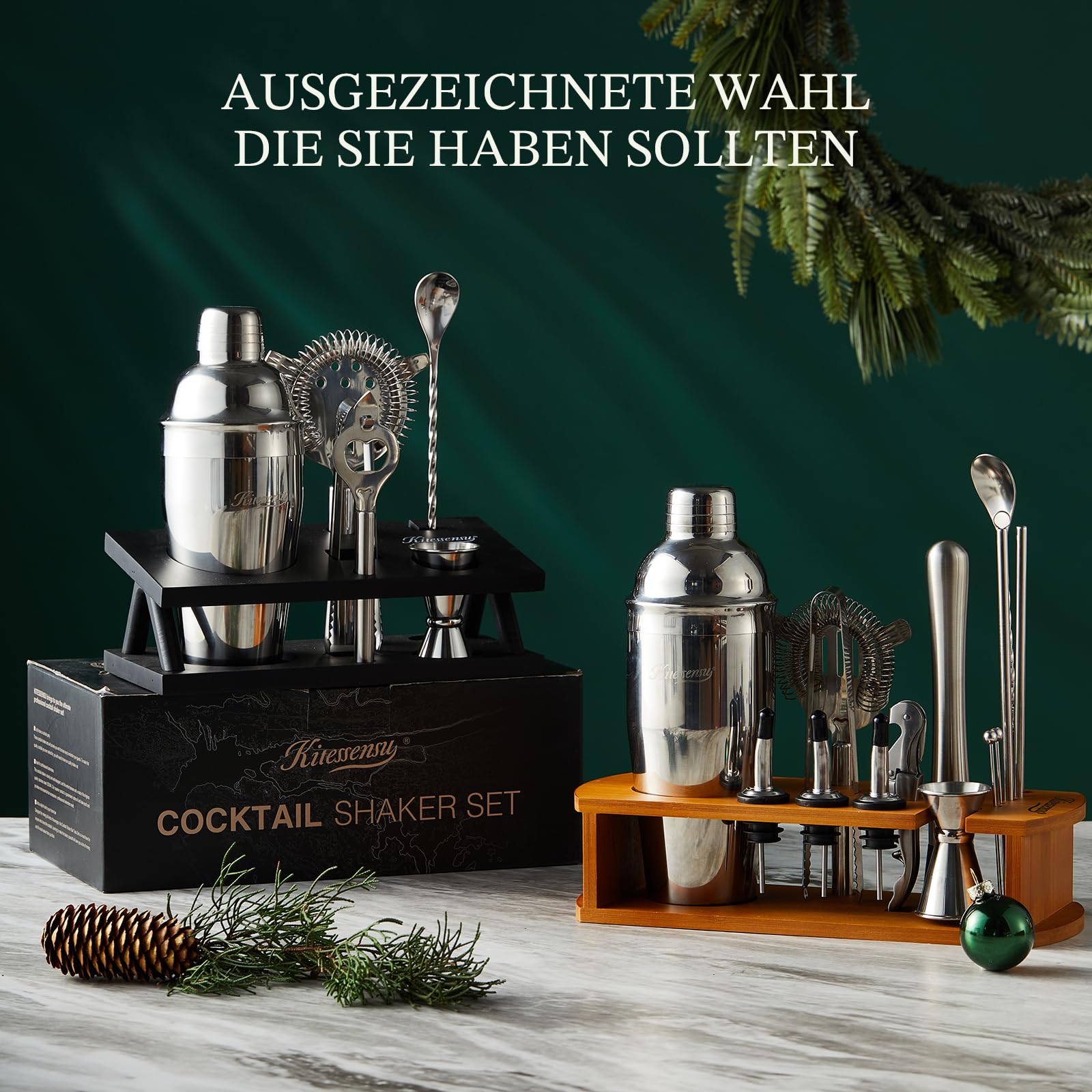 KITESSENSU Cocktail Shaker Set Bartender Kit with Stand | Bar Set Drink Mixer Set with All Essential Accessory Tools: Martini Shaker, Jigger, Strainer, Mixer Spoon, Muddler, Liquor Pourers |Silver